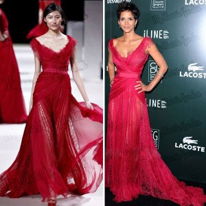 Halle-Berry-V-Neck-See-Throug-Top-With-Belt-Lace-And-Chiffon-Elie-Saab-Evening-Red
